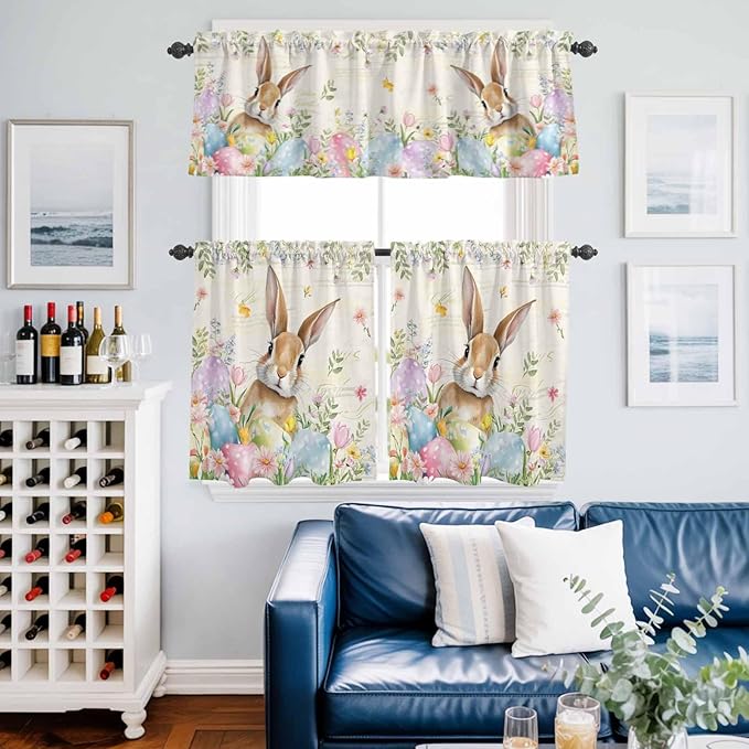 Kitchen Curtains Tiers and Valance Set of 3, Easter Light Filtering Window Curtain Set, Pastoral Spring Bunny Eggs Botanical Flowers Leaf Rod Pocket Curtain Drapes for Living Room, 24 Inches Tiers
