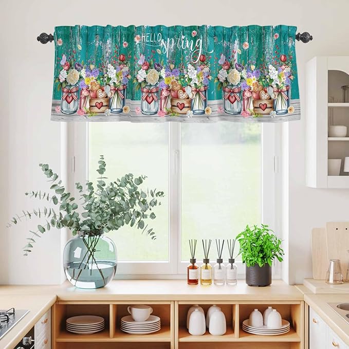 Kitchen Curtains Tiers and Valance Set of 3, Spring Flowers Light Filtering Window Curtain Set, Farmhouse Watercolor Teal Wood Grain Rod Pocket Curtain Drapes for Cafe, Living Room, 36 Inches Tiers