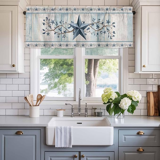 Texas Star Blue Curtain Valances for Windows, Kitchen Valance Window Treatment, Farmhouse Country Branches Wooden Grain Light Filtering Block Curtains for Bathroom/Bedroom/Living Room 42'' x 12''