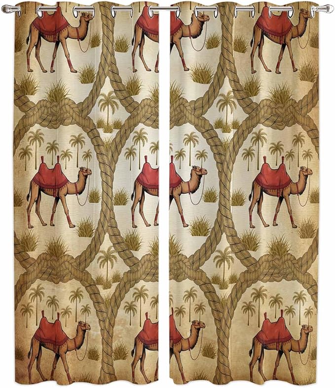 2 Panel Kitchen Cafe Curtains, Brown Desert Camels Sunlight Filtering Nature Air Through, Window Decor Tier Curtains for Living Room 104W x 90L inch Tropical Date Coconut Trees Cords Leaves