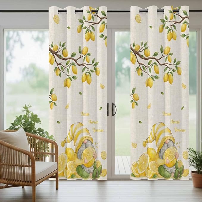Summer Outdoor Curtains for Patio Lemon Gnome Leaf Linen Texture Waterproof Outside Curtains with Grommet Top Weatherproof Curtain for Cabana Pergola Gazebo, 2 Pack, 54" W x 95" L