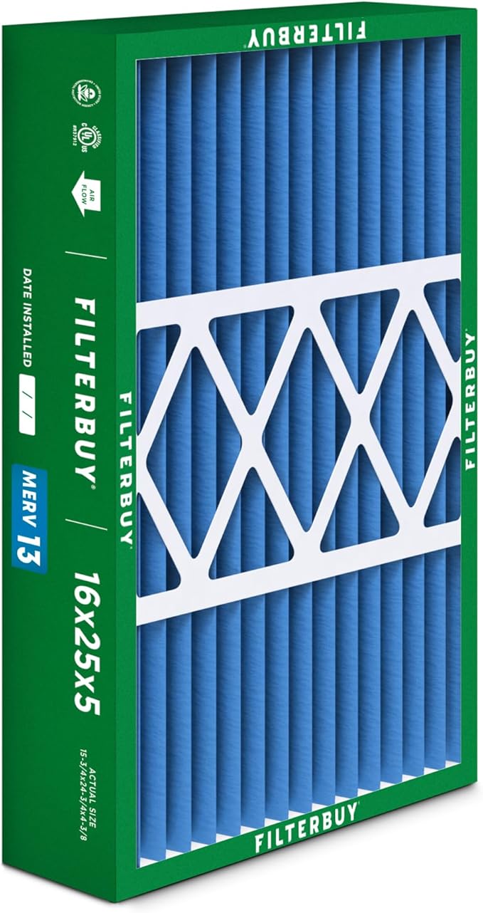 Filterbuy 16x25x5 Air Filter MERV 13 Optimal Smoke & Allergy Defense (2-Pack), Pleated HVAC AC Furnace Filters for Honeywell FC100A1029, Lennox X6670, and More (Actual Size: 15.75 x 24.75 x 4.38)