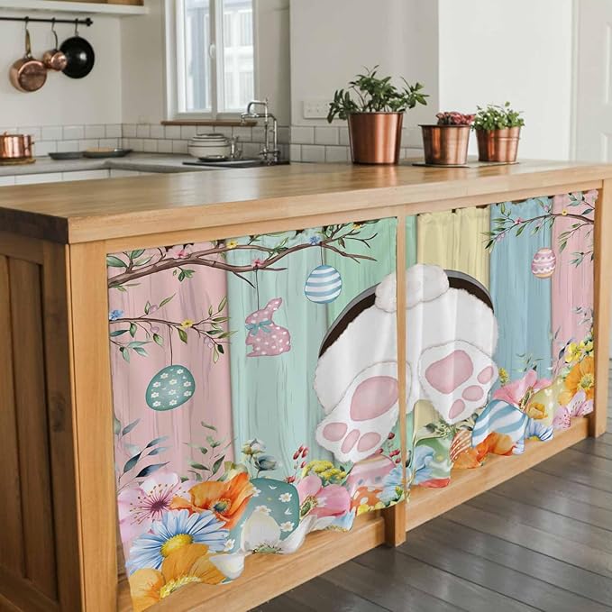 Easter Kitchen Tier Curtains 24 Inch Long 2 Panel Set,Rod Pocket Cafe Small Window Curtains Over Sink,Spring Colorful Bunny Eggs Flower Wood Grain Light Filtering Short Drapes 27.5"W x 24"L