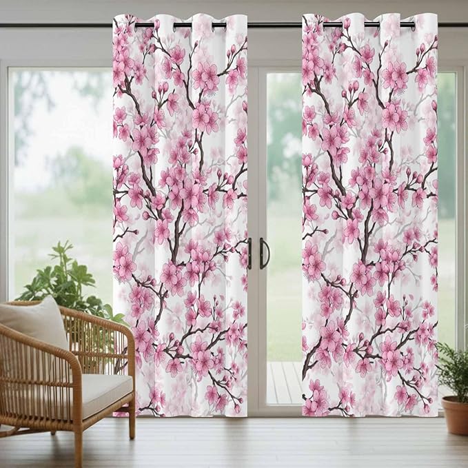 Cherry Flowers Outdoor Curtains for Patio Spring Flower Vintage Watercolor Waterproof Outside Curtains with Grommet Top Weatherproof Curtain for Cabana Pergola Gazebo, 1 Panel, 54" W x 95" L