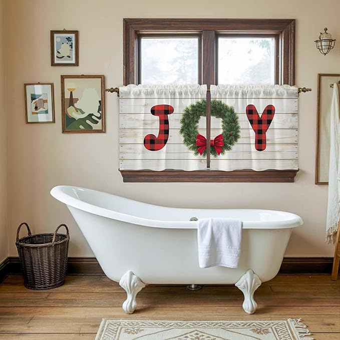 Christmas Wreaths Kitchen Tier Curtains 36 Inch Long 2 Panel Set,Rod Pocket Half Window Curtains Over Sink,Winter Bow Plaid Farmhouse Wooden Grain Short Drapes for Bathroom Cafe 27.5"W x 36"L
