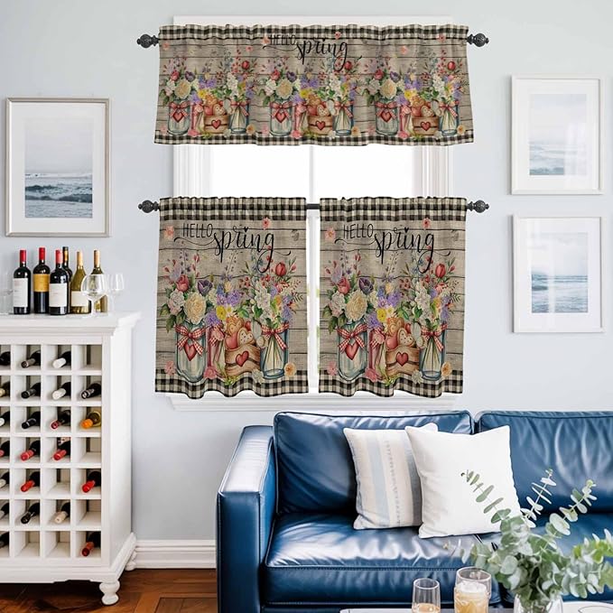 Kitchen Curtains Tiers and Valance Set of 3, Spring Flowers Light Filtering Window Curtain Set, Farmhouse Vintage Black Plaid Wood Grain Rod Pocket Curtain Drapes for Living Room, 24 Inches Tiers