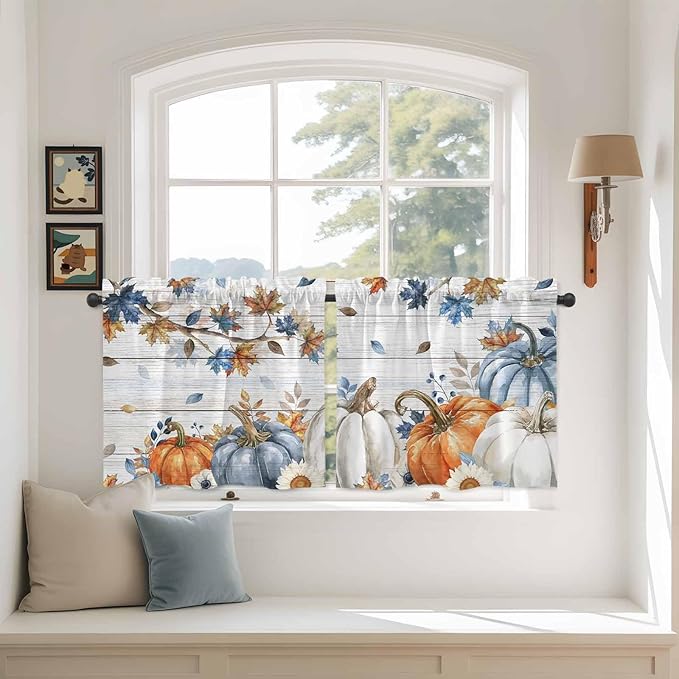 Thanksgiving Pumpkin Kitchen Tier Curtains 24 Inch Long 2 Panel Set,Rod Pocket Cafe Small Window Curtains Over Sink,Fall Maple Leaf Daisy Wooden Grain Short Drapes for Bathroom Cabinet 27.5"W x 24"L