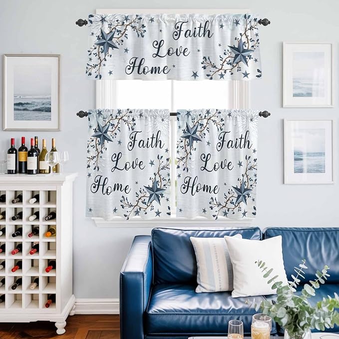 Kitchen Curtains Tiers and Valance Set of 3, Texas Star Country Light Filtering Window Curtain Set, Blue Farmhouse Branches Rod Pocket Curtain Drapes for Cafe, Living Room, 24 Inches Tiers