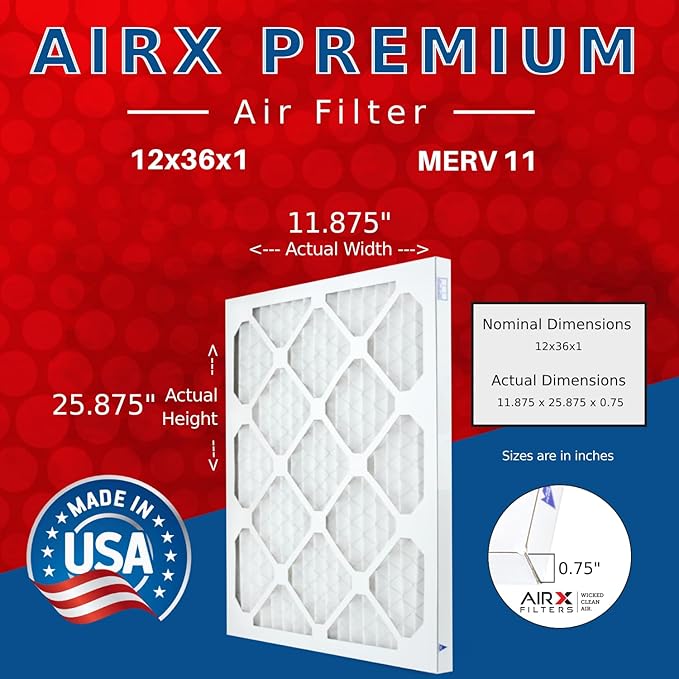 AIRX FILTERS WICKED CLEAN AIR. 12x36x1 Air Filter MERV 11 Electrostatic Pleated Air Conditioner Filter 4 Pack HVAC AC Furnace Filters