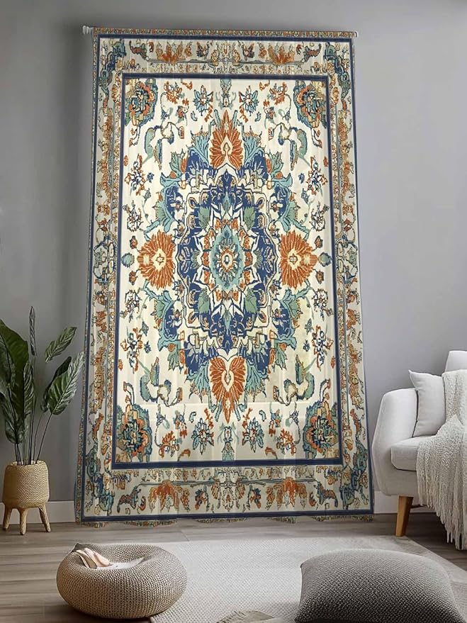 Sheer Curtains 96 Inches Long, Southwest Farmhouse Semi Sheer Curtains Light Filtering Window Treatment, Orange Blue Desert Bohemian Privacy Voile Drapes for Living Room Bedroom 52x96 Inch