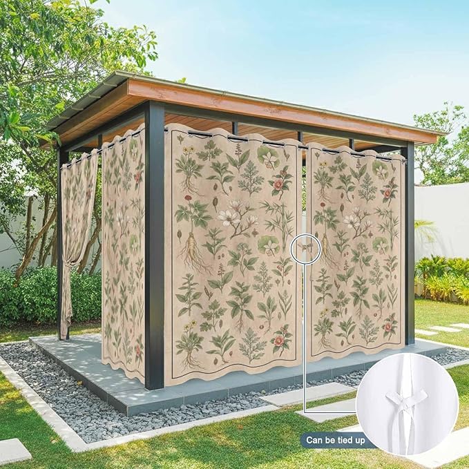 Vintage Outdoor Curtains for Patio Grass Herbal Botanical Garden Plants Waterproof Outside Curtains with Grommet Top Weatherproof Curtain for Cabana Pergola Gazebo, 2 Pack, 54" W x 84" L