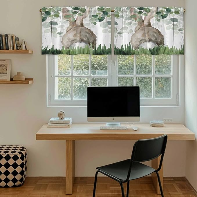 Easter Tier Curtains, Country Rabbit Botanical Leaves Wooden Grain Light Filtering Kitchen Curtains, 2Pcs Rod Pocket Half Window Treatments Panels for Sink Cafe Cabinet Camper 27.5x36 Inches