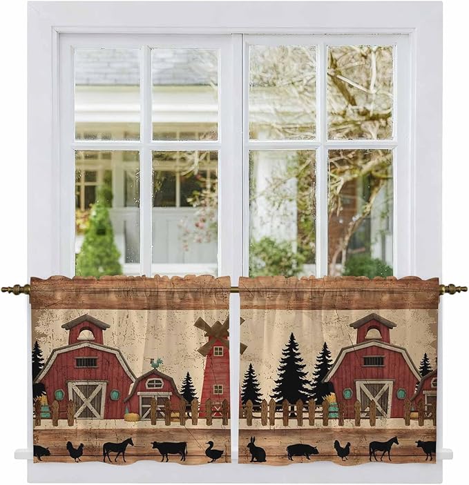 Brown Farmhouse Tier Curtains, Vintage Country Animals Wooden Grain Light Filtering Kitchen Curtains, 2Pcs Rod Pocket Half Window Treatments Panels for Sink Cafe Cabinet Camper 27.5x36 Inches