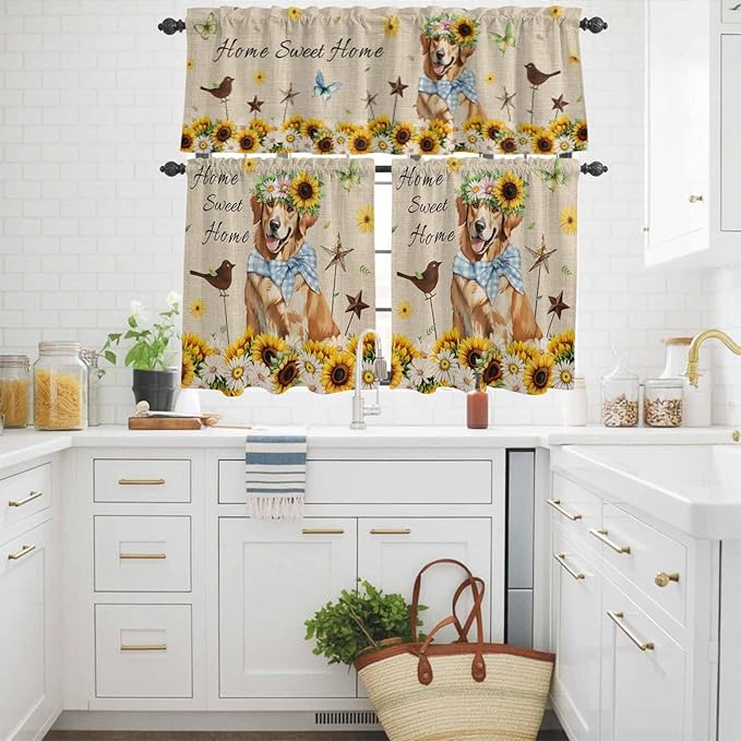 Kitchen Curtains Tiers and Valance Set of 3, Sunflowers Dog Light Filtering Window Curtain Set, Spring Watercolor Floral Stars on Linen Rod Pocket Curtain Drapes for Cafe, Living Room, 36 Inches Tiers
