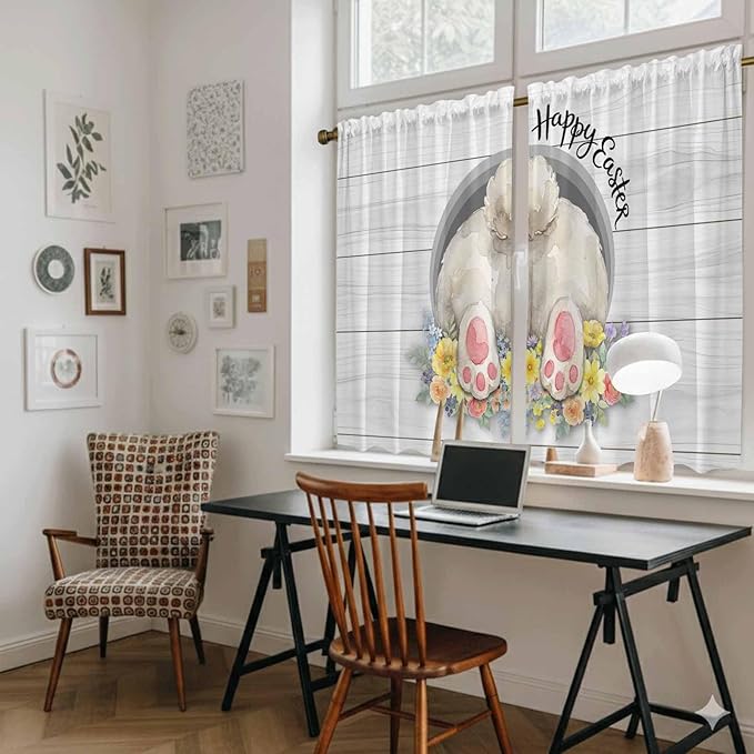 Easter Bunny Kitchen Curtains 45 Inch Long 2 Panel Set,Rod Pocket Window Treatment,3D Optical Illusion Farmhouse Flower Wood Grain Light Filtering Short Curtains & Drapes Laundry 52"W x 45"L
