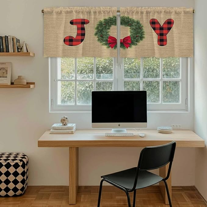 Red Green Christmas Kitchen Tier Curtains 36 Inch Long 2 Panel Set,Rod Pocket Half Window Curtains Over Sink,Xmas Botanical Winter Farmhouse Short Drapes for Bathroom Cafe 27.5"W x 36"L