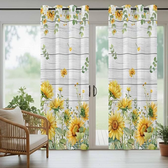 Sunflowers Outdoor Curtains for Patio Summer Floral Eucalyptus Leaf Wood Plank Waterproof Outside Curtains with Grommet Top Weatherproof Curtain for Cabana Pergola Gazebo, 2 Pack, 54" W x 84" L