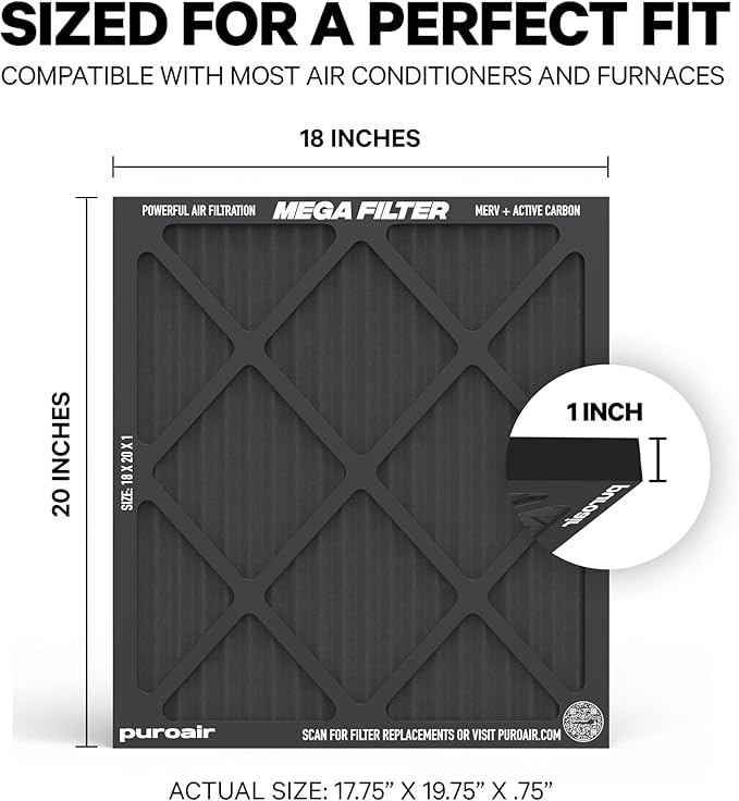 PuroAir MegaFilter - 18x20x1 Air Filter MERV 13 Activated CarbonTech Defense - Heavy Duty 3 Layer Furnace Filters Allergens, Pollen, Dust, Pet Dander, Smoke, Odors - HVAC Air Filter 18x20x1 (2-Pack)