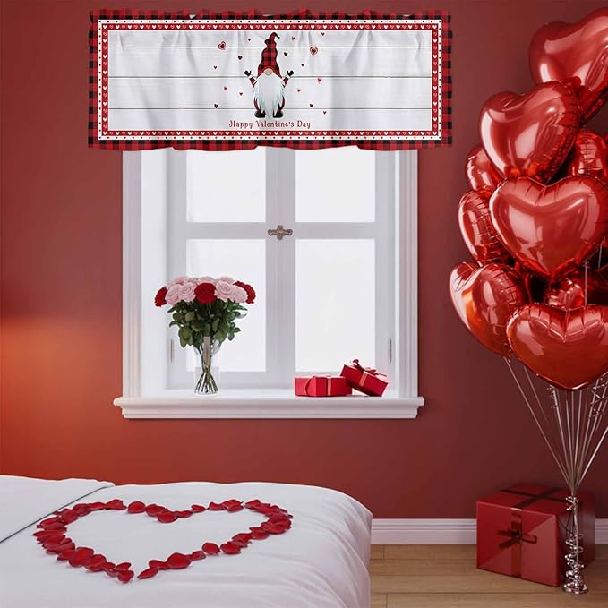 Valentine's Day Valance Curtains for Kitchen, Gnome Red Love Plaid Wood Grain Privacy Rod Pocket Valance Curtain, Light-Filtering Window Treatment for Bedroom Bathroom, 60"x14"