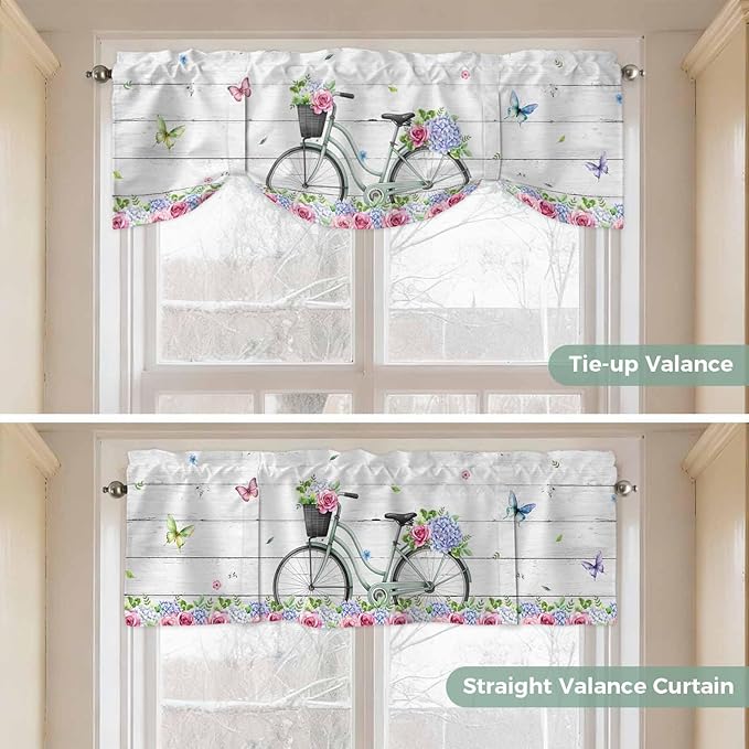 Spring Tie Up Valance Curtains for Windows, Kitchen Curtains Window Shades, Bicycles Botanical Rose Leaves Butterfly Wood Grain Light Filtering Roman Curtain Valances for Bedroom/Bathroom/Cafe 54"x18"