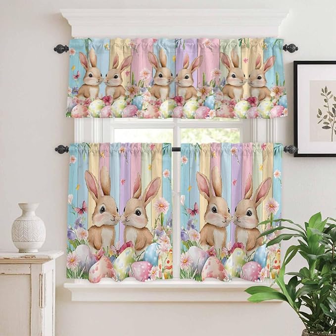 Easter Kitchen Curtains Set 3 Piece for Windows, Rod Pocket Valance and Tier Set 24 Inch Length, Spring Bunny Eggs Botanical Floral Wooden Grain Light Filtering Cafe Curtains for Living Room Bathroom