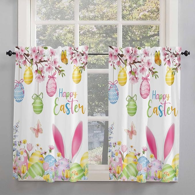 Happy Easter Kitchen Curtains 45 Inches length, Spring Watercolor Bunny Eggs Flower Branch Window Treatment Curtain Drapes, Lightweight Window Panels for Living Room Bedroom, 52"x45", 2 Panels
