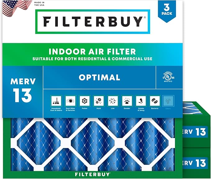 Filterbuy 25x25x4 Air Filter MERV 13 Optimal Smoke & Allergy Defense (3-Pack), Electrostatic Pleated HVAC AC Furnace Filters Replacement, Made in USA (Actual Size: 24.50 x 24.50 x 3.63)