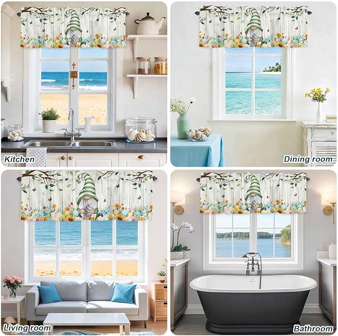 Easter Gnomes Curtain Valances for Windows, Kitchen Valance Window Treatment, Spring Watercolor Eggs Flower Wood Grain Light Filtering Block Curtains for Bathroom/Bedroom/Living Room 54'' x 18''