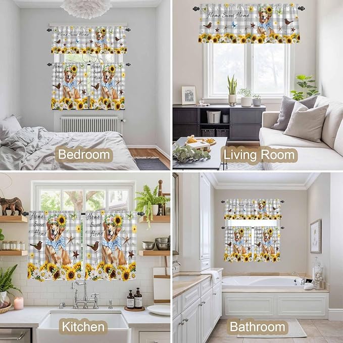 Kitchen Curtains Tiers and Valance Set of 3, Sunflowers Dog Light Filtering Window Curtain Set, Spring Watercolor Floral Stars Grey Plaid Rod Pocket Curtain Drapes for Living Room, 36 Inches Tiers