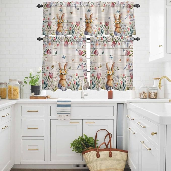 Kitchen Curtains Tiers and Valance Set of 3, Easter Light Filtering Window Curtain Set, Spring Bunny Butterfly Botanical Wooden Grain Rod Pocket Curtain Drapes for Cafe, Living Room, 36 Inches Tiers