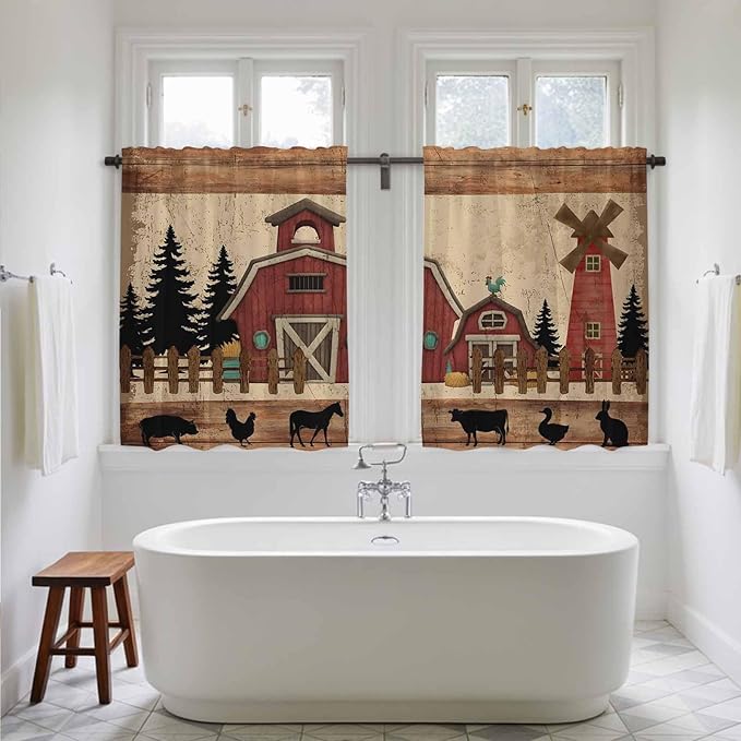 Brown Farmhouse Kitchen Curtains, Vintage Country Animals Wooden Grain Light Filtering Window Curtain Panels, 2Pcs Rod Pocket Window Treatments Set for RV Dining Room Study Room 42x54 Inches