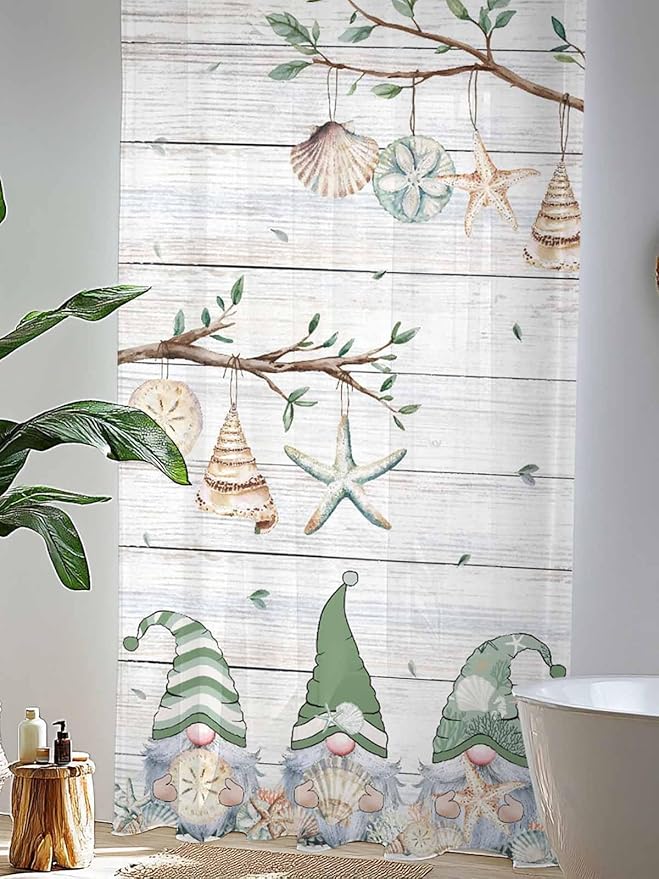 Sheer Curtains 84 Inches Long, Sage Green Gnomes Semi Sheer Curtains Light Filtering Window Treatment, Eucalypus Coastal Anchor Retro Wood Privacy Voile Drapes for Living Room Bedroom 52x84 Inch
