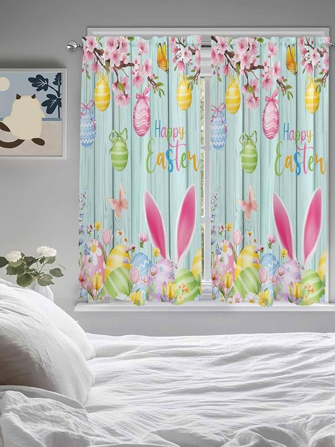 Happy Easter Living Room Curtains 72 Inches length, Spring Bunny Eggs Flower Teal Wood Grain Window Treatment Curtain Drapes, Light Filtering Drapes for Bedroom Laundry Room, 52"x72", 2 Panels