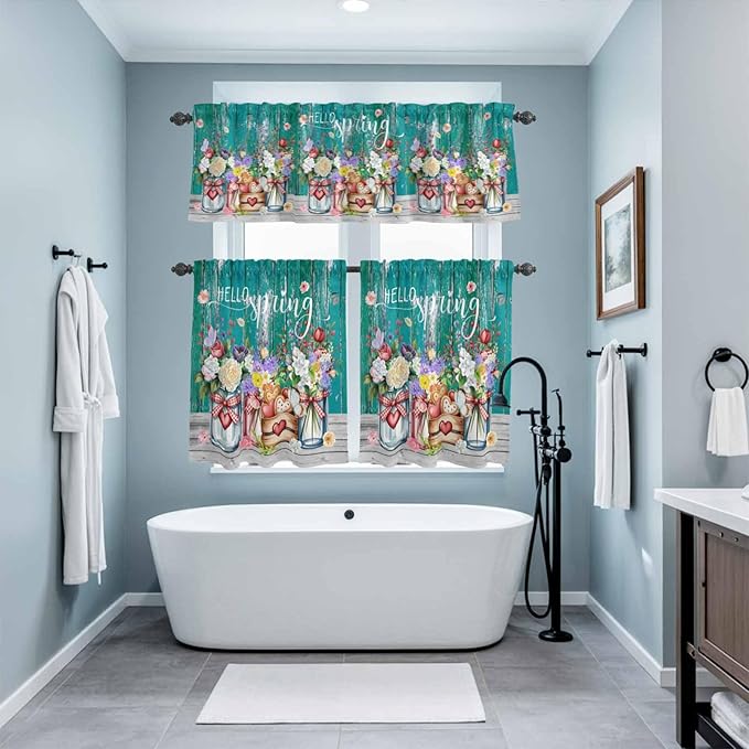 Kitchen Curtains Tiers and Valance Set of 3, Spring Flowers Light Filtering Window Curtain Set, Farmhouse Watercolor Teal Wood Grain Rod Pocket Curtain Drapes for Cafe, Living Room, 36 Inches Tiers