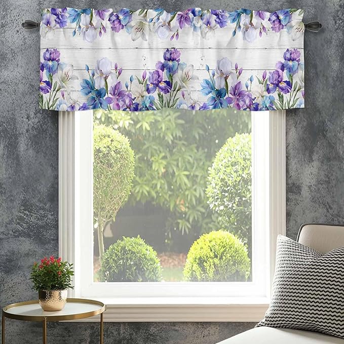 Spring Flowers Curtain Valances for Windows, Kitchen Valance Window Treatment, Watercolor Garden Florals Wooden Grain Light Filtering Block Curtains for Bathroom/Bedroom/Living Room 42'' x 18''
