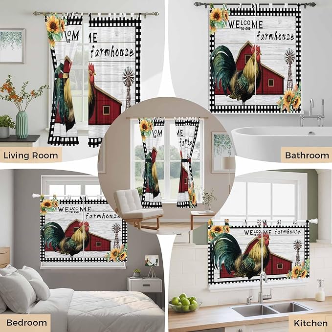 Farmhouse Rooster Bathroom Curtains 63 Inch Length, Window Curtains Tab Top, Rustic Red Barn Windmill Sunflowers Light Filtering Window Treatments Drapes 52"x63" 2 Panel