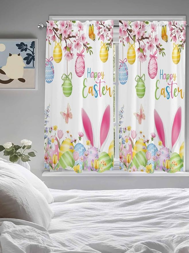 Happy Easter Living Room Curtains 72 Inches length, Spring Watercolor Bunny Eggs Flower Branch Window Treatment Curtain Drapes, Light Filtering Drapes for Bedroom Laundry Room, 52"x72", 2 Panels