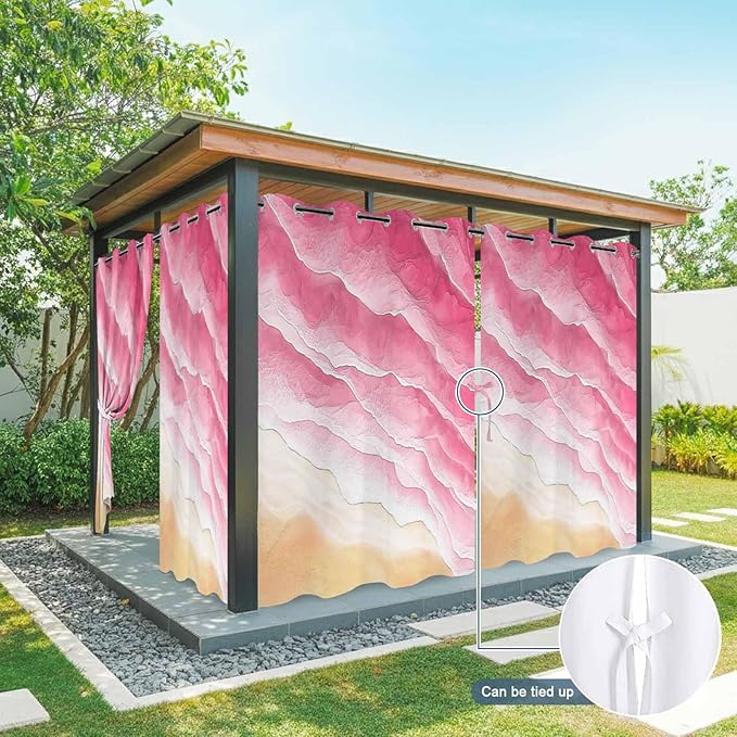 Ocean Outdoor Curtains for Patio Beach Waves Watercolor Abstract Gradient Pink Waterproof Outside Curtains with Grommet Top Weatherproof Curtain for Cabana Pergola Gazebo, 1 Panel, 54" W x 95" L