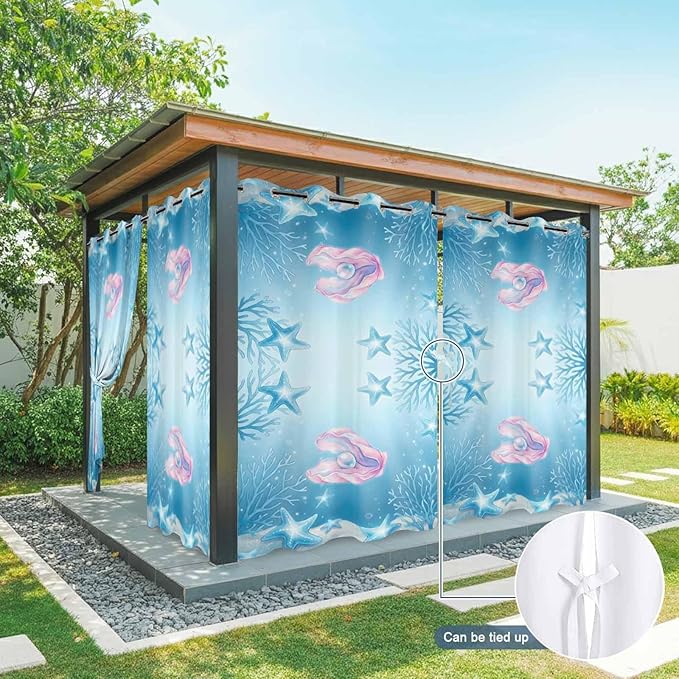 Ocean Shell Outdoor Curtains for Patio Corals Starfish Summer Marine Waterproof Outside Curtains with Grommet Top Weatherproof Curtain for Cabana Pergola Gazebo, 1 Panel, 54" W x 95" L