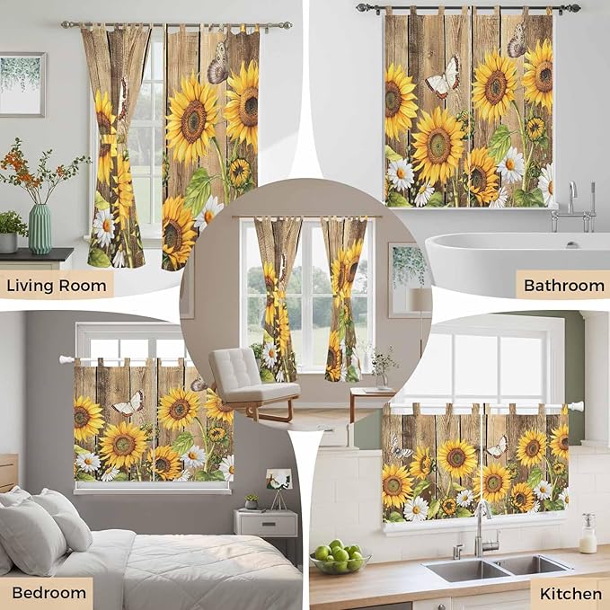 Farmhouse Sunflowers Bedroom Curtains 72 Inch Length, Window Curtains Tab Top, Rustic Floral Buttterfly Wood Board Brown Light Filtering Window Treatments Drapes 52"x72" 2 Panel