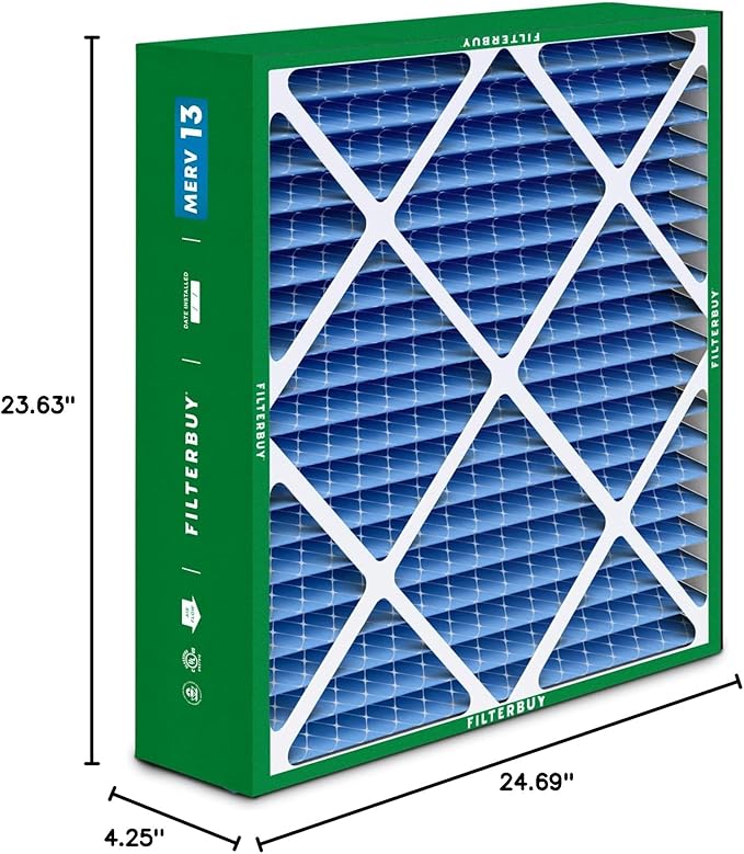 Filterbuy 24x25x5 Air Filter MERV 13 Optimal Smoke & Allergy Defense (2-Pack), Electrostatic Pleated HVAC AC Furnace Filters for Carrier FILXXCAR0024, Maytag & More (Actual Size: 23.63 x 24.69 x 4.25)