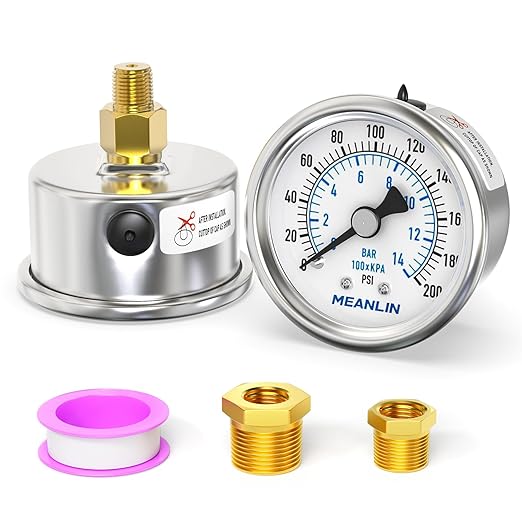MEANLIN MEASURE 0~200Psi Dry Pressure Gauge Stainless Steel 1/8" NPT 2" FACE DIAL Waterproof for Air Compressor Air Regulator Water Filter Center Back Mount, with 1/4" NPT and 3/8" NPT Hex Bushing