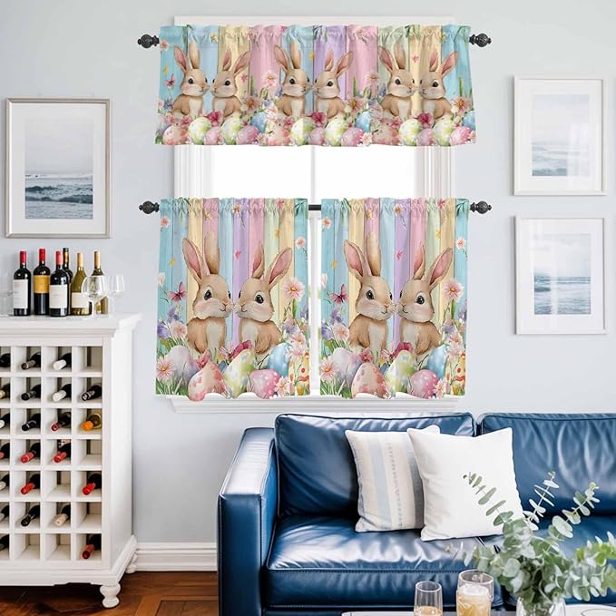 Easter Kitchen Curtains Set 3 Piece for Windows, Rod Pocket Valance and Tier Set 36 Inch Length, Spring Bunny Eggs Botanical Floral Wooden Grain Light Filtering Cafe Curtains for Living Room Bathroom