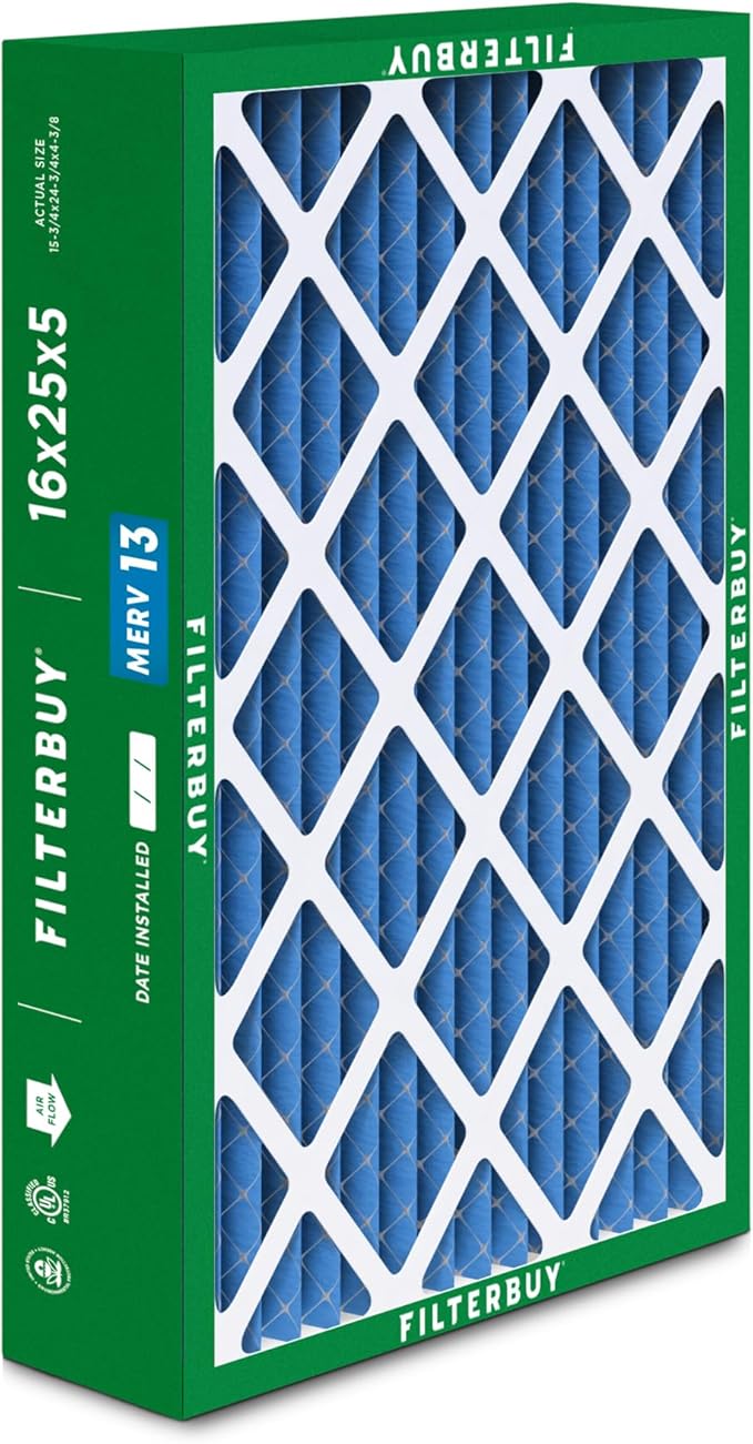 Filterbuy 16x25x5 Air Filter MERV 13 Optimal Smoke & Allergy Defense (2-Pack), Pleated HVAC AC Furnace Filters for Honeywell FC100A1029, Lennox X6670, and More (Actual Size: 15.75 x 24.75 x 4.38)