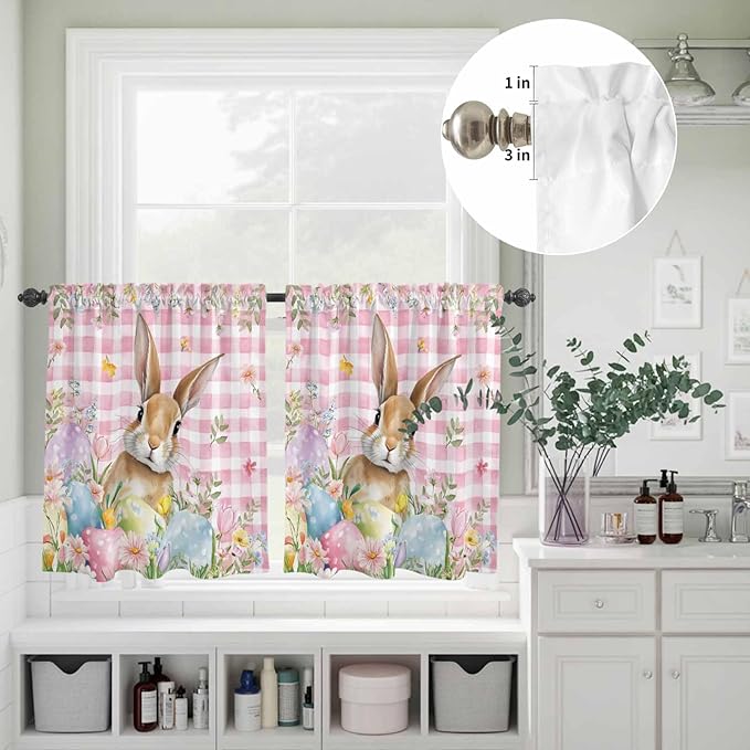 Kitchen Curtains Tiers and Valance Set of 3, Easter Light Filtering Window Curtain Set, Spring Rabbit Eggs Nature Botanicals Pink Plaid Rod Pocket Curtain Drapes for Cafe, Living Room, 36 Inches Tiers