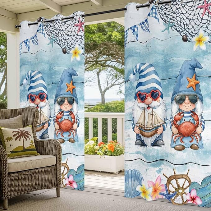 Ocean Gnome Outdoor Curtains for Patio Summer Marine Plumeria Shell Wood Blue Waterproof Outside Curtains with Grommet Top Weatherproof Curtain for Cabana Pergola Gazebo, 2 Pack, 54" W x 95" L