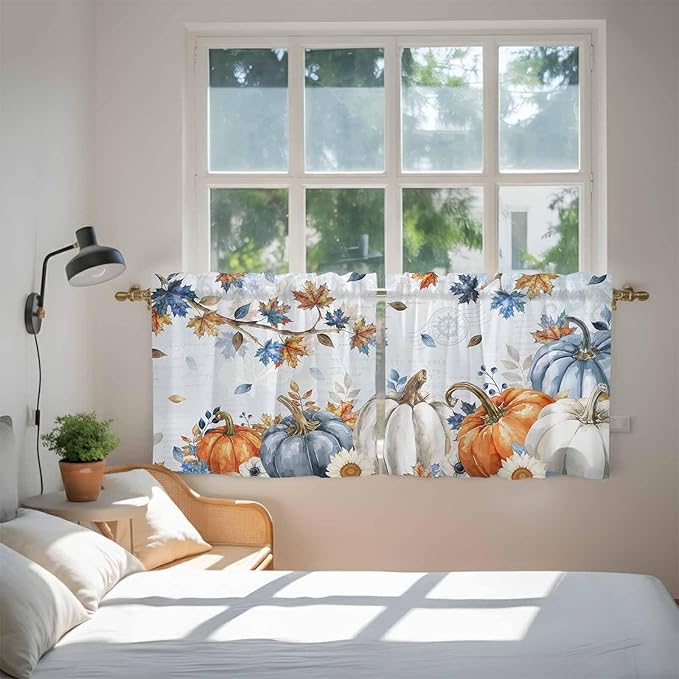 Fall Blue Maple Kitchen Tier Curtains 24 Inch Long 2 Panel Set,Rod Pocket Cafe Small Window Curtains Over Sink,Thanksgiving Pumpkins Daisy Country Leaves Short Drapes for Bathroom 27.5"W x 24"L