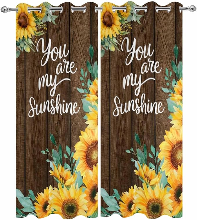 Summer Outdoor Curtains for Patio Sunflowers Eucalyptus Leaves Wood Waterproof Outside Curtains with Grommet Top Weatherproof Curtain for Cabana Pergola Gazebo, 2 Pack, 54" W x 95" L