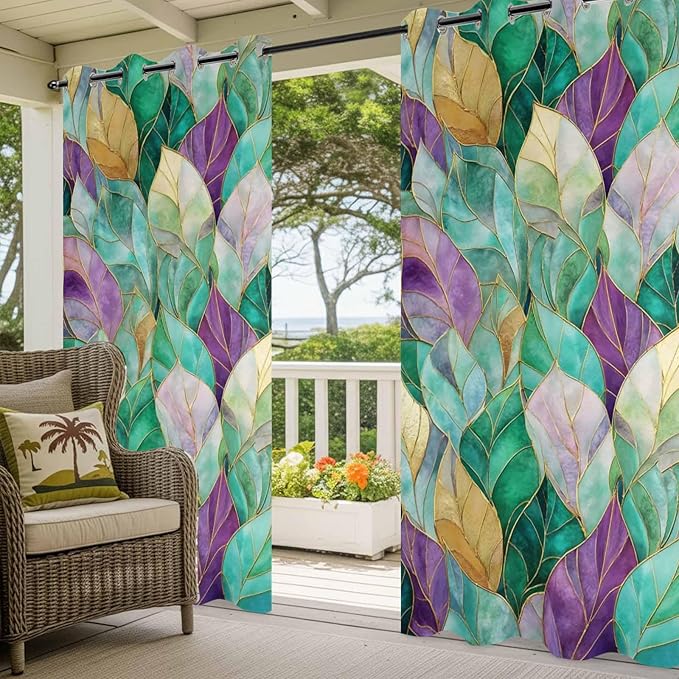 Leaves Outdoor Curtains for Patio Gorgeous Leaf Abstract Spring Waterproof Outside Curtains with Grommet Top Weatherproof Curtain for Cabana Pergola Gazebo, 1 Panel, 54" W x 108" L