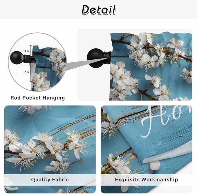 Farmhouse Wooden Grain Tier Curtains, Vintage Shabby Chic Flower Blue Light Filtering Kitchen Curtains, 2Pcs Rod Pocket Half Window Treatments Panels for Sink Cafe Cabinet Camper 27.5x36 Inches